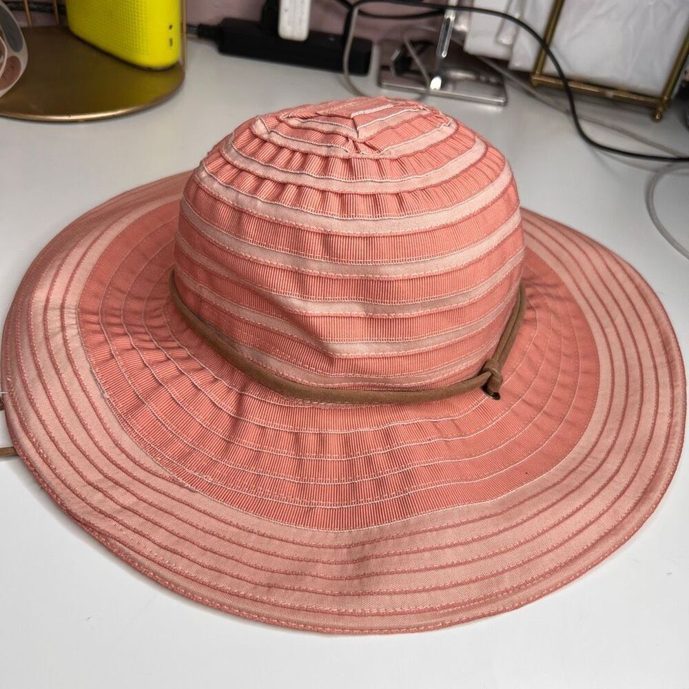 striped ribbon sun hat similar to styles offered by the San Diego Hat Company